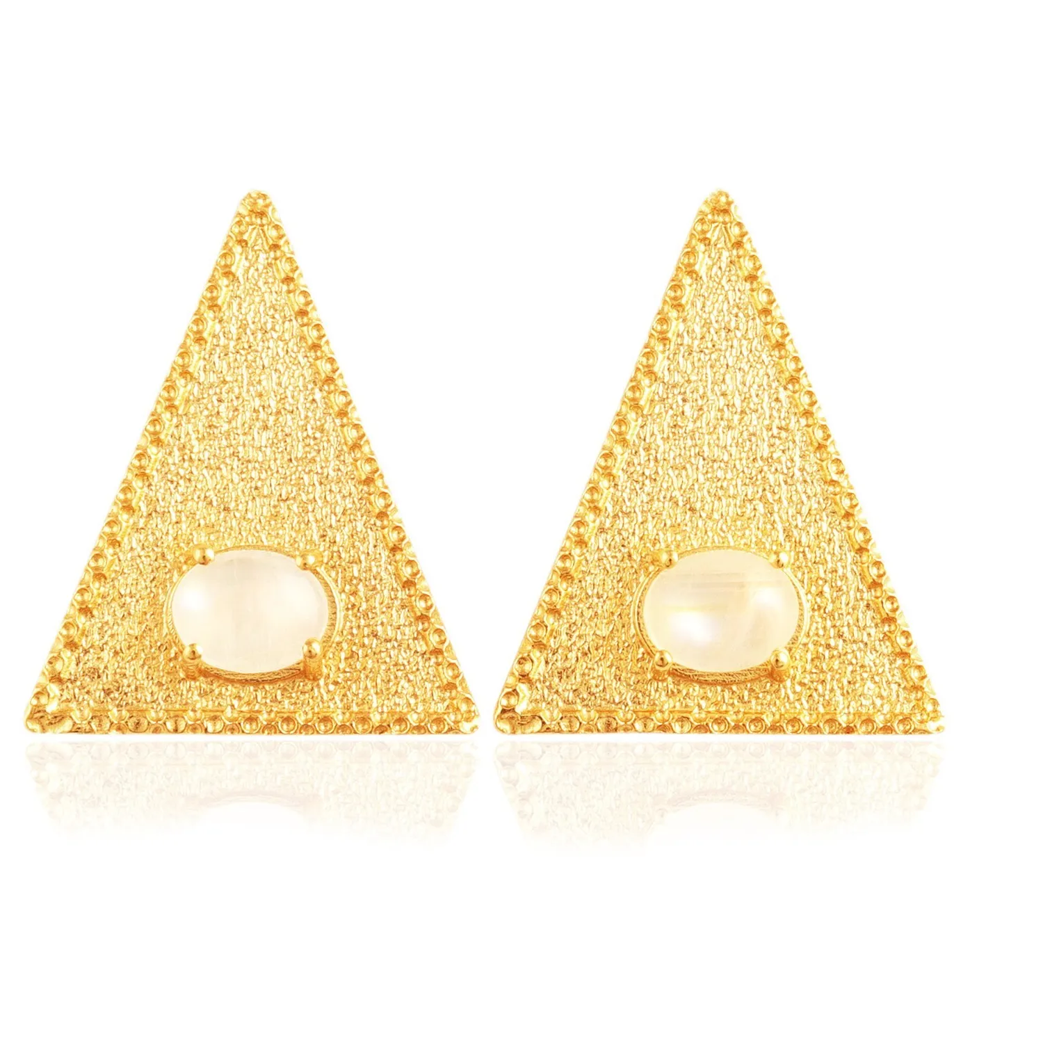 Authentic Rainbow Moonstone Triangle Shape Gold Plated Prong Set Statement Stud Earrings