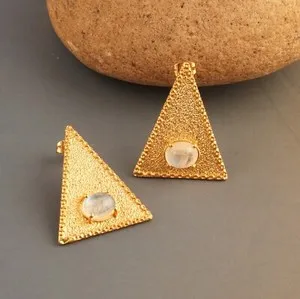 Authentic Triangle Shape Amazonite Moonstone Gold Plated Prong Set Statement Stud Earrings