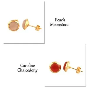 Authentic Round Stud Earrings. Natural Gemstone Gold Plated Handmade Dainty Stud Earrings