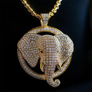 Authentic 2ct Round Lab Created Diamond Elephant Head Pendant 14k Yellow Gold Plated