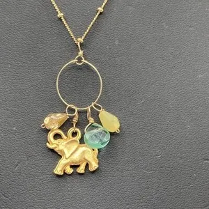 Authentic Elephant Charm Gold plated Precious Gem Stones sterling silver 20" Necklace