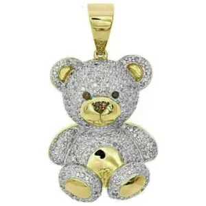 Authentic Chocolate Stone CZ & White Moissanite Teddy Bear Pendant 14K Yellow Gold Plated