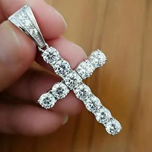 Authentic 3.00Ct Lab Created Round Cut Cross Pendant 14K White Gold Plated Chain 18'' Inch