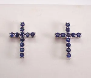 Authentic 2.00Ct Round Cut Lab Created Sapphire Cross Stud Earrings 14K White Gold Plated