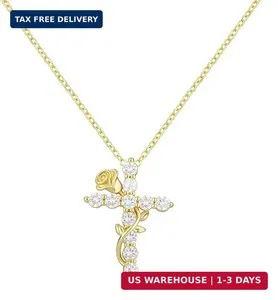 Authentic Gold Cross Necklace for Women Dainty Fashion 14K Gold Plated Zircon Cross Pendan