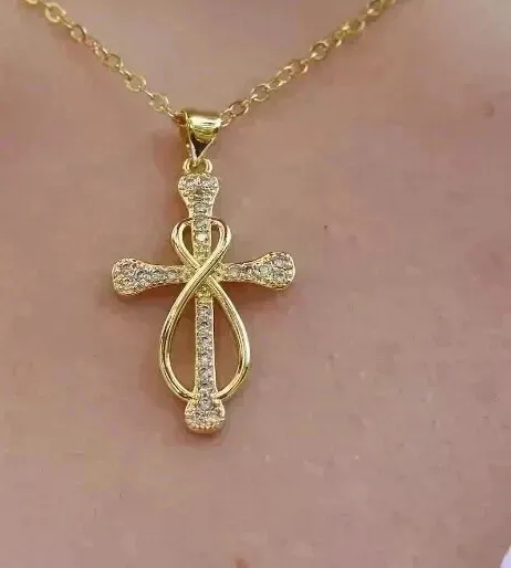 Authentic 1Ct Round Simulated Diamond Cross Women Pendant 18"Chain 14k Yellow Gold Plated