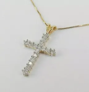 Authentic 1.5CT Round Lab Created Diamond Cross Pendant Necklace 14K Yellow Gold Plated