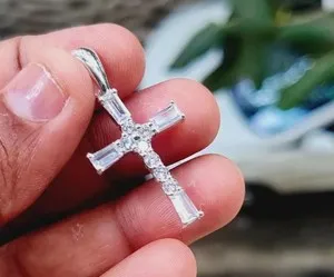 Authentic 1 Ct Lab Created Baguette Moissanite Cross Shape Pendant 14K White Gold Plated