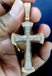 Authentic Real Moissanite Round Cut 3 Ct Men's Cross Shape Pendant 14k Yellow Gold Plated