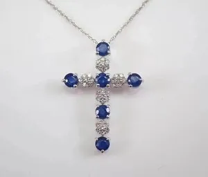 Authentic 1.10Ct Round Cut Lab Created Sapphire Cross Womens Pendant 14K White Gold Plated
