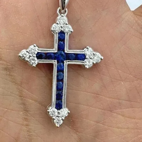 Authentic 14k White Gold Plated 2 Ct Round Cut Simulated Blue Sapphire Cross Shape Pendant