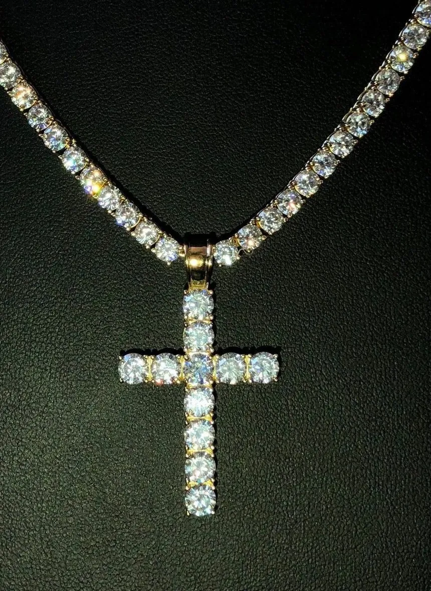 Authentic 4mm Single Row Tennis Chain W. Cross 14k Gold Plated 925 Sterling Silver 80ct CZ