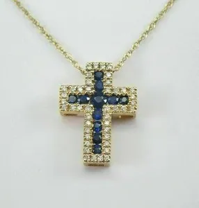 Authentic 2.20Ct Round Lab Created Blue Sapphire Cross Pendant 14k Yellow Gold Plated