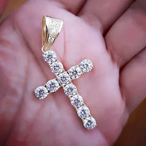 Authentic Round Cut Lab-Created Diamond 14K Yellow Gold Plated Gift Cross Pendant Necklace