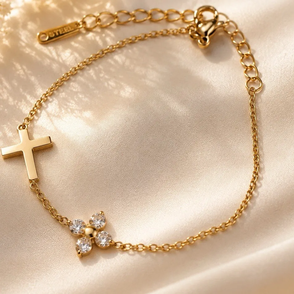 Authentic Gold Plated Cross Dangle Chain Charm Crystal Flower Adjustable Lobster