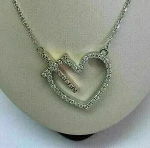 Authentic 1.50 Ct Round Cut Real Moissanite Heart Cross Pendant 14K White Gold Plated