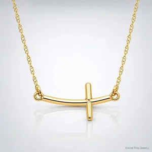 Authentic Sterling Silver Yellow Gold-Plated Small Sideways Curved Cross Necklace