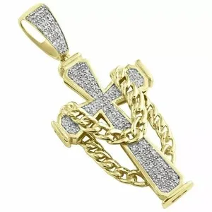 Authentic 10K Yellow Gold Plated Lab Created Diamond Cuban Link Cross Pendant 2" 2.10Ct