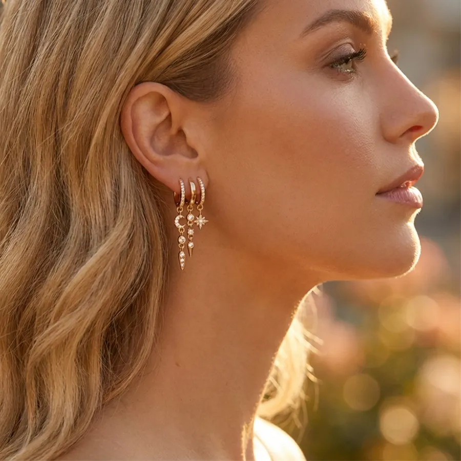 Authentic Luxury Punk Gold Color Moon Star Cross Zircon Single Dangle Earrings for Women Hip-hop Street Party Cosplay Jewelry Accessories