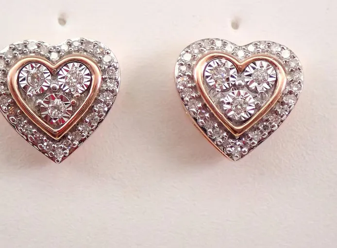 Authentic Celestial Heart Moissanite Studs in Warm 14K Rose Gold Finish