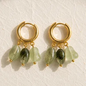 Authentic Natural Prehnite Triple Drop Huggie Earrings | 18K Gold Plated | Heart Stone