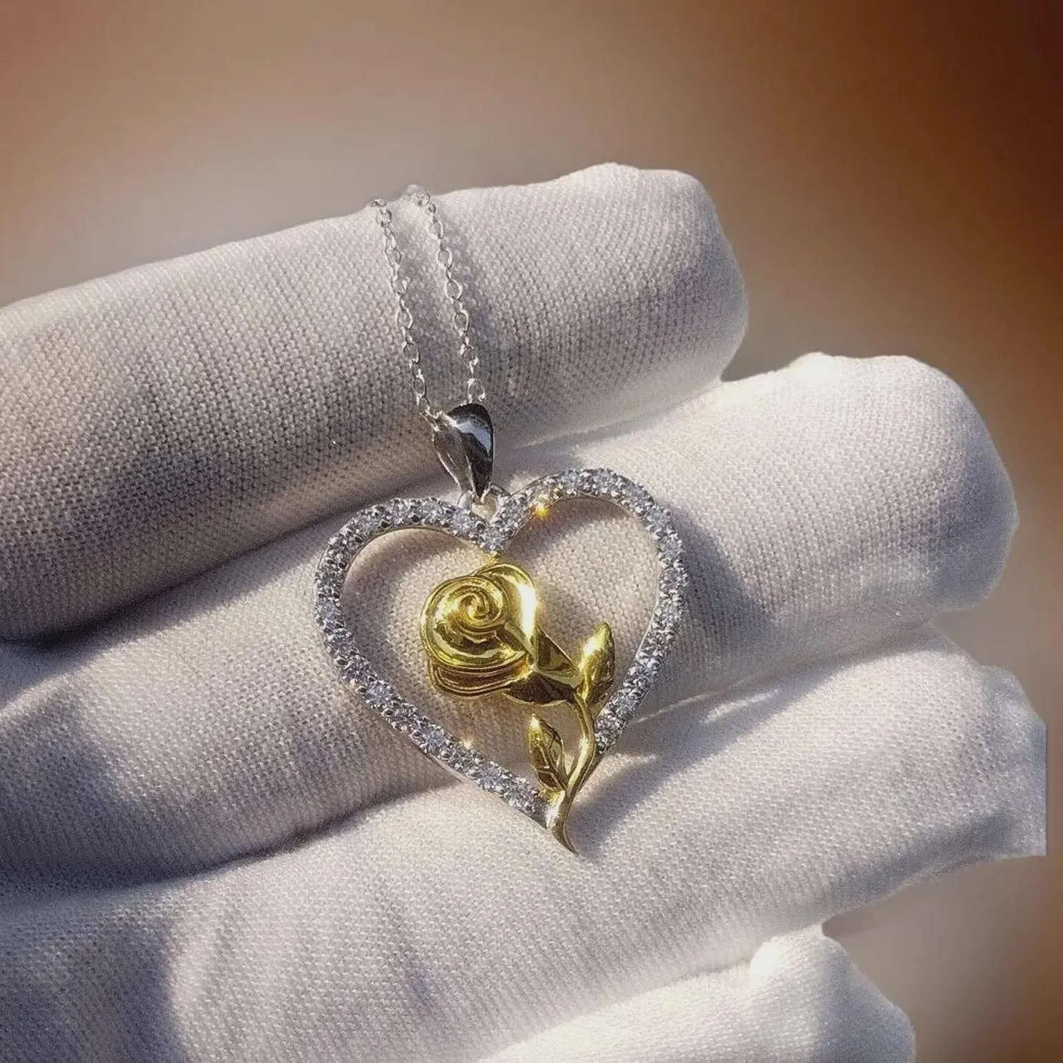 Authentic 1 Ct Lab Created Round Moissanite Rose In Heart Pendant 14K Two Tone Gold Plated