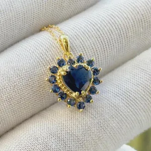 Authentic 2Ct Lab Created Blue Sapphire Heart Womens Pendant 14K Yellow Gold Plated