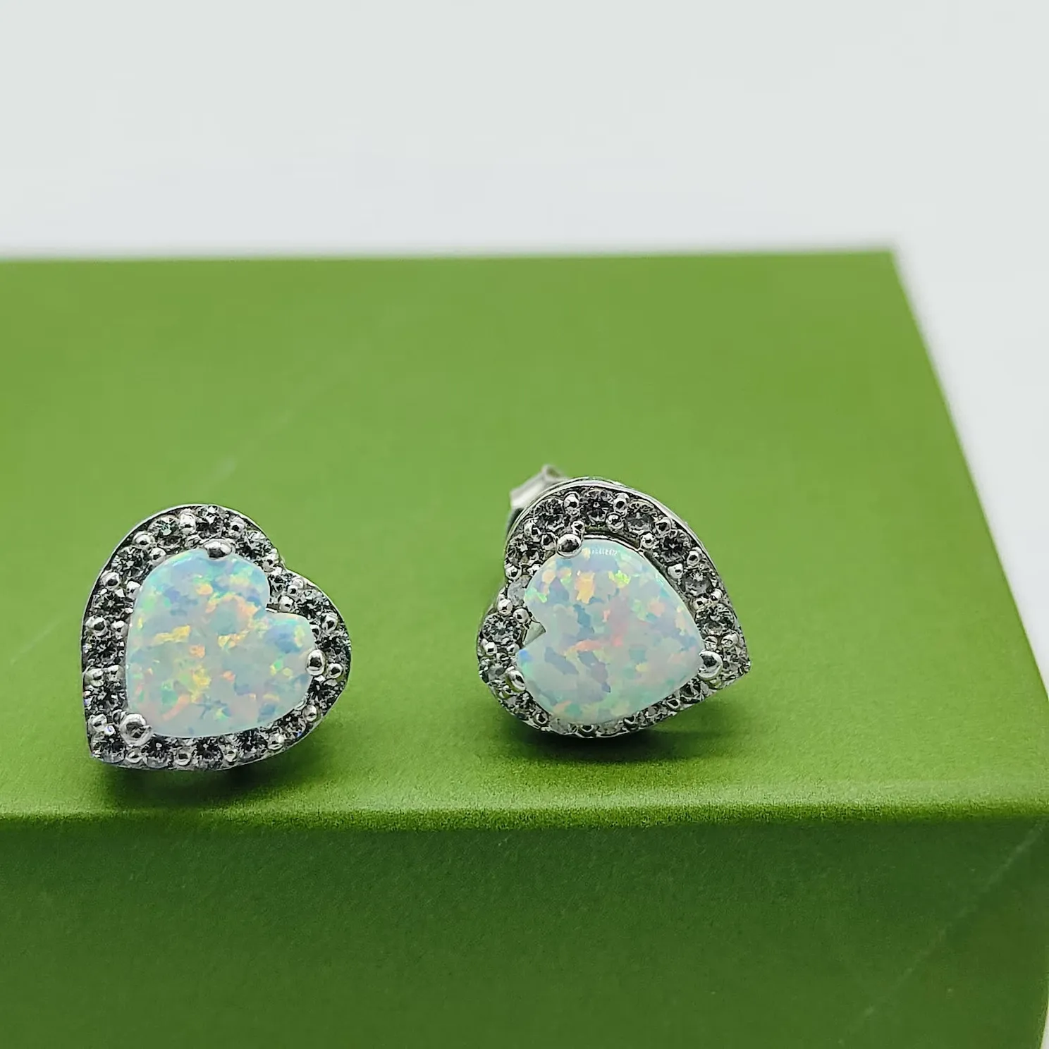 Authentic 2Ct Lab Created Heart Shape Halo Opal Stud Love Earrings 14K White Gold Plated