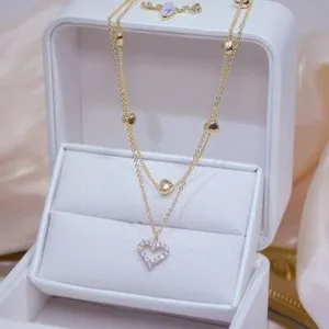 Authentic Gold Plated Double Layer Necklace Zircon Women Choker Chain Party Heart Pendant