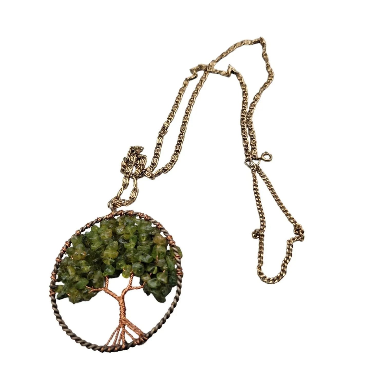 Authentic Peridot Tree of Life Pendant Necklace Copper Wrap Gold Plated Circle  30" Chain