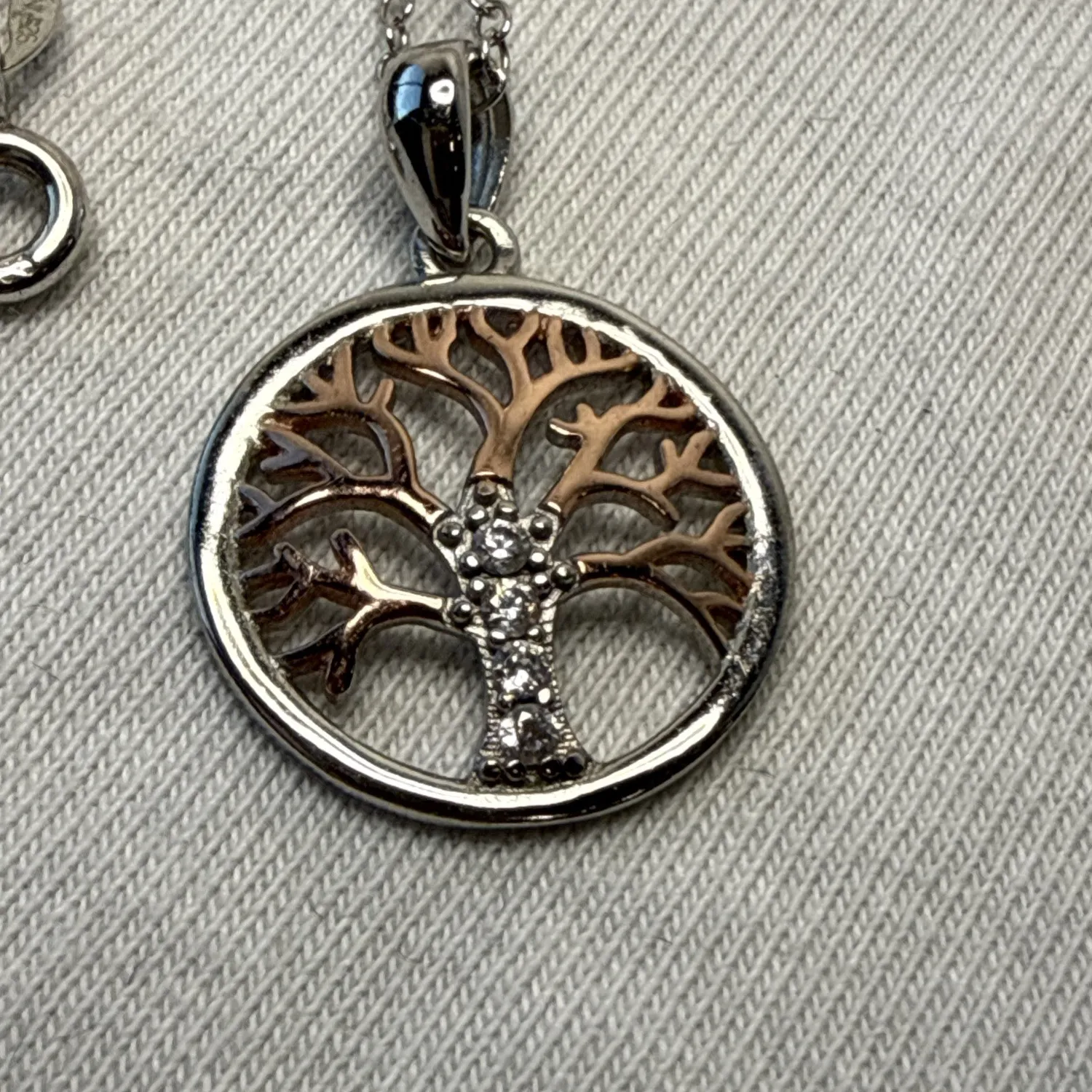 Authentic Sterling Silver & Rose Gold Plated Tree Of Life Pendant On Necklace w Diamond