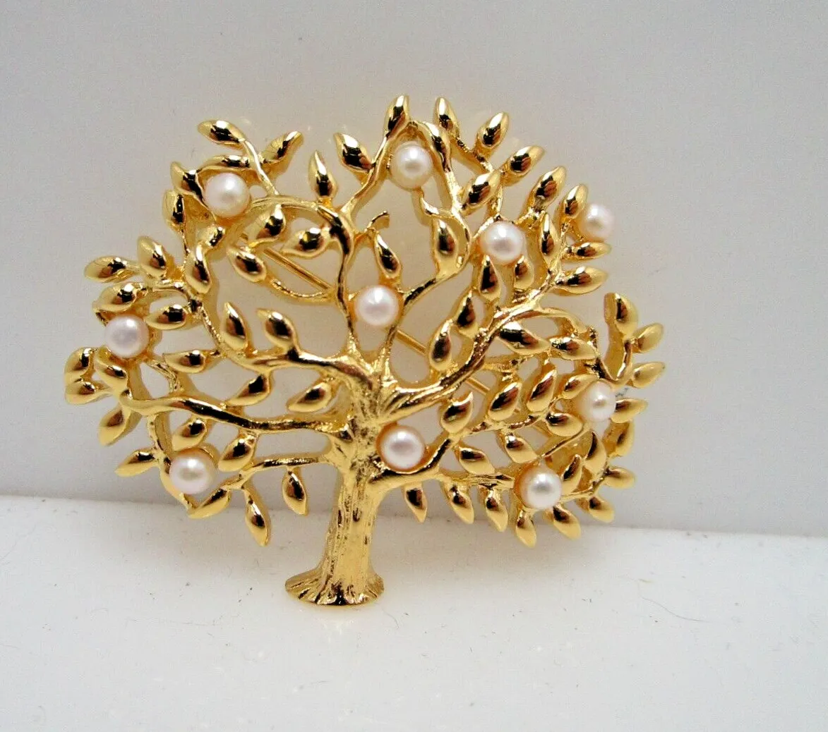 Authentic Vintage Sherman Jewelry Tree of Life Faux Pearl Gold Plated Pin 1  1/2"