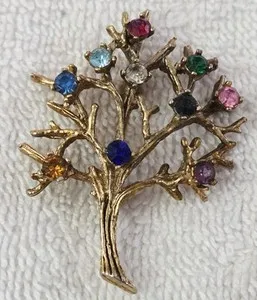 Authentic Vintage Tree Of Life 14kt HGE Gold Plated Mixed Colored Rhinestones, SIGNED