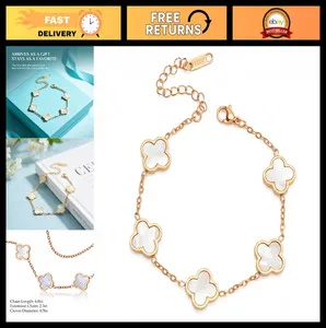 Authentic 18K Gold Plated Four Leaf Clover Bracelet - Mother of Pearl Charm, Good Luck Gif