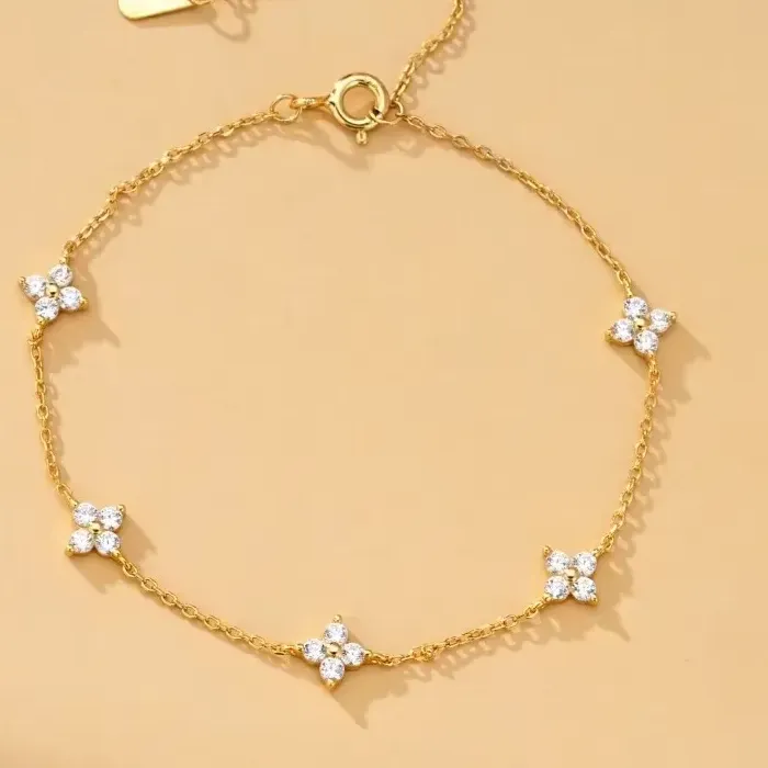 Authentic 925 Silver Plated Cubic Zirconia Four Leaf Clover Bracelet for Women Adjustable Chain Jewelry 18k Gold Plated Fashion