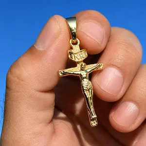 Authentic 14K Gold Plated on Solid 925 Sterling Silver Jesus Crucifix Cross Shiny Pendant