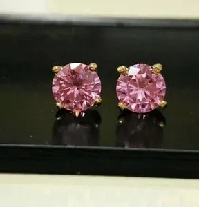 Authentic Lab Created Pink Sapphire 2.Ct Round Cut Stud Earrings In 14K Yellow Gold Plated