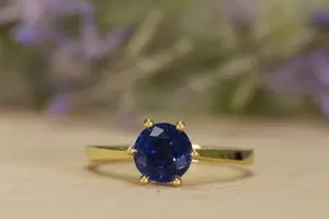Authentic 2Ct Round Cut Blue Sapphire Lab Created Solitaire Ring 14k Yellow Gold Plated