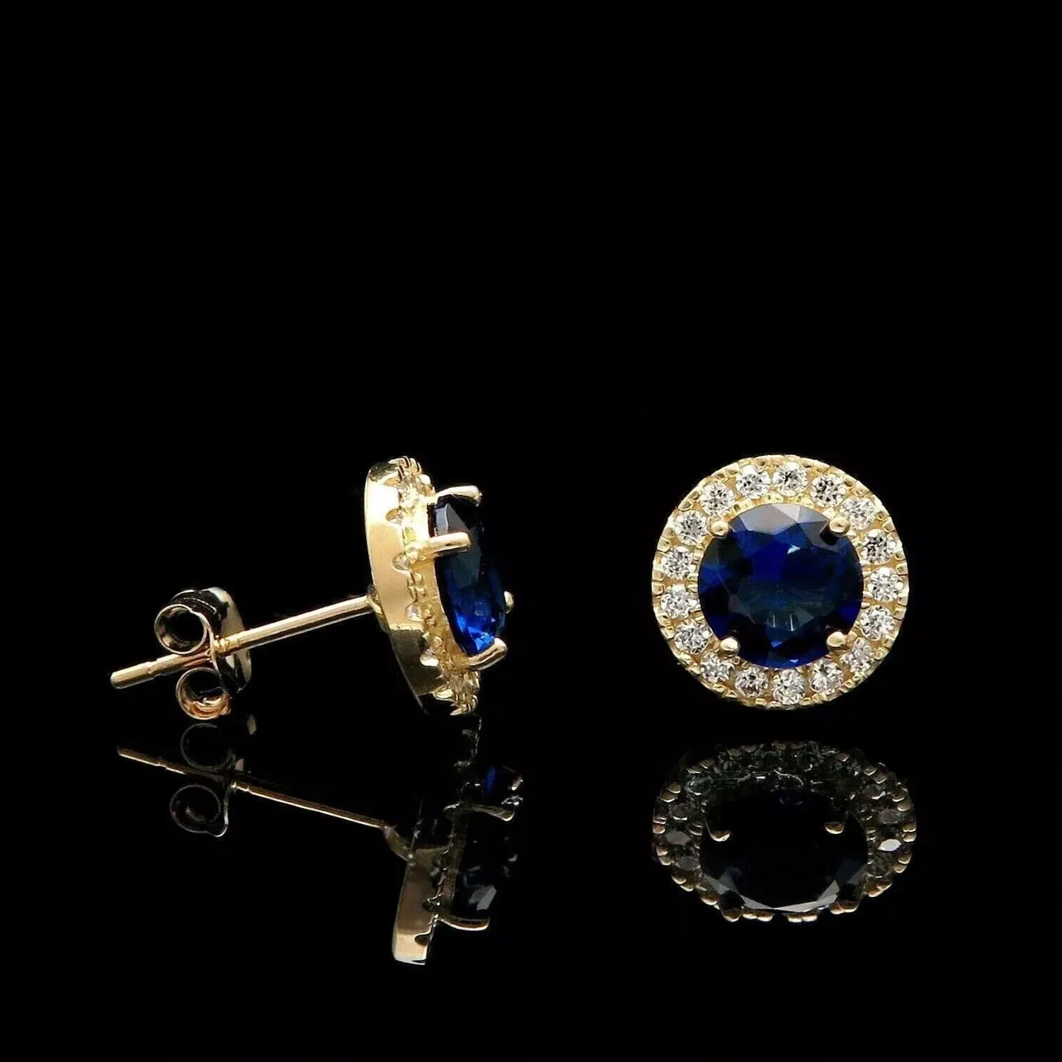 Authentic 2Ct Round Cut Blue Sapphire Lab-Created Stud Earring's 14K Yellow Gold Plated