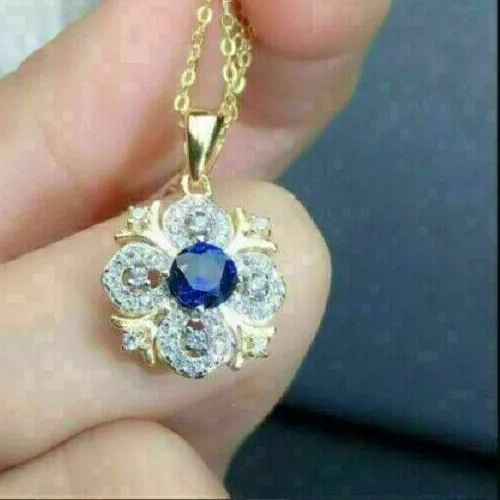 Authentic 2Ct Round Cut Lab Created Blue Sapphire Flower Pendant 14K Yellow Gold Plated