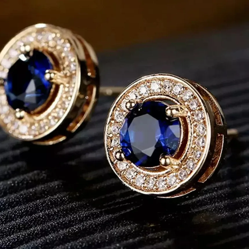 Authentic 2Ct Round Cut Blue Sapphire Lab-Created Stud Earring's 14K Yellow Gold Plated