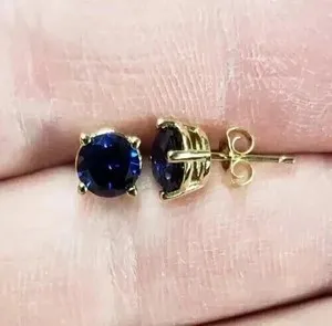 Authentic 2Ct Round Cut Lab Created Sapphire Women's Stud Earrings 14K Yellow Gold Plated