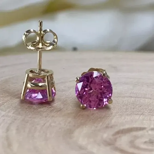 Authentic 2Ct Round Cut Pink Sapphire Lab Created Stud Earrings In 14K Yellow Gold Plated