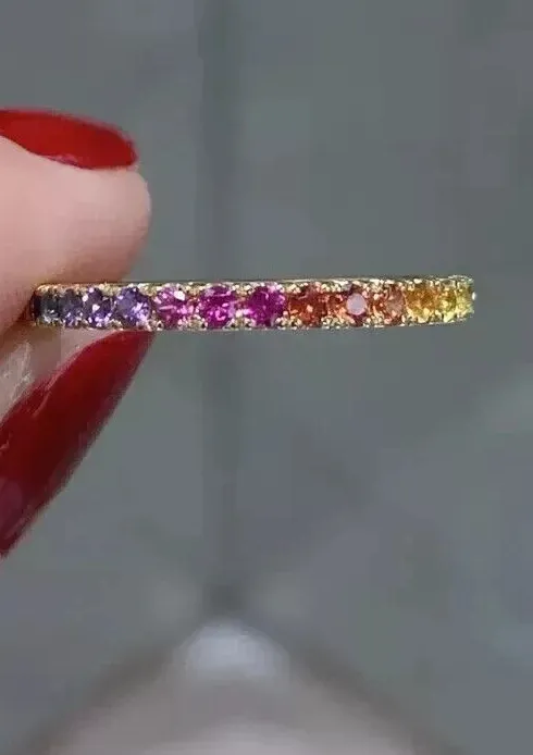 Authentic Prismatic Grace Rainbow Sapphire Eternity Ring in 14k Gold