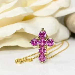 Authentic 2Ct Round Cut 14k Yellow Gold Plated Lab Created Pink Sapphire Cross Pendant