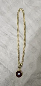 Authentic Gold Plated Cuban Link Chain Necklace Round Red Evil Eye Charm Pendant