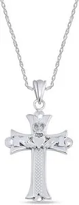 Authentic Claddagh Cross Pendant 18" Necklace in 925 Sterling Silver