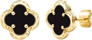 Authentic Four-Leaf Fortune Earrings: Attract Abundance with 14K Gold Plated Black Onyx