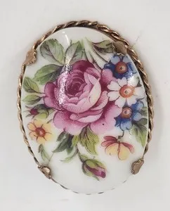 Authentic Vintage 1930s French Limoges Gold Plated Framed Floral Painted Porcelain Brooch