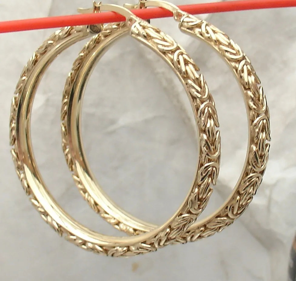 Authentic Technibond Framed Byzantine Chain Hoop Earrings 14K Yellow Gold Plated Silver